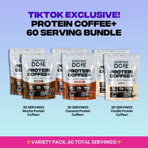 Title: Everyday Dose Protein Coffee+ Variety Bundle | Mocha, Caramel & Vanilla | 10g Protein, Lion's Mane, Chaga & L-Theanine | 60 Servings | TikTok Exclusive