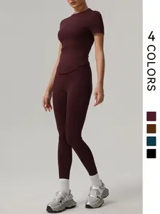 Two-Piece Set Women's Simple High-grade Sportswear Set, Solid Color Slim-fit Round Neck Short-sleeved T-shirt Top and High-waisted Hip-lifting High-elasticity Fitness Yoga Leggings, Casual Comfy Breathable for Yoga Gym Workout Running Gym Clothes Set