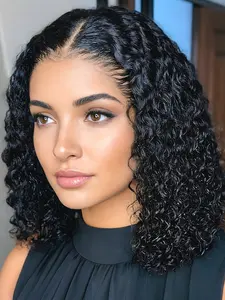 Short Bob Deep Wave Curly Human Hair Wig, 4x4 Transparent Lace Closure Wig Pre Plucked Natural Color Wigs for Women Daily Party
