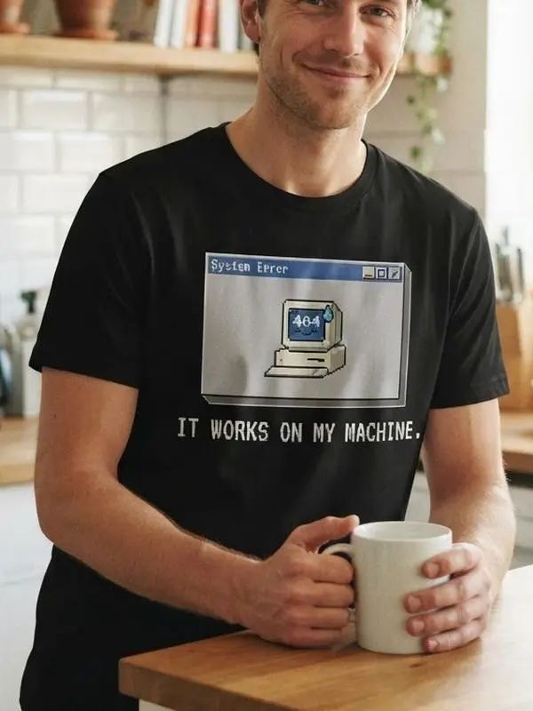 Men's It Works On My Machine Programmer Humor Vintage PC Graphic Tee shopping,funny,men's stuff,fashion apparel,clothes,freaky