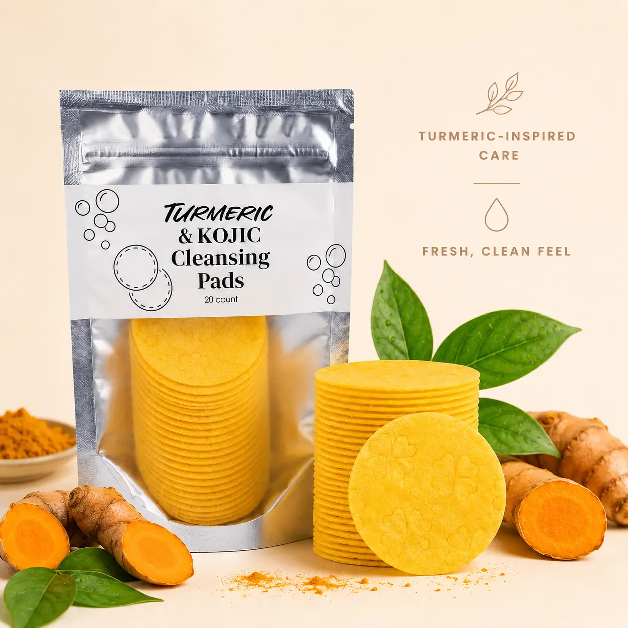 Turmeric & Kojic Acid Cleansing Pads 20pcs Normal Skin Gentle Facial Cleanser Pads, Deep Clean, Soft Texture, Multi-Pack Skincare for Comfortable Use