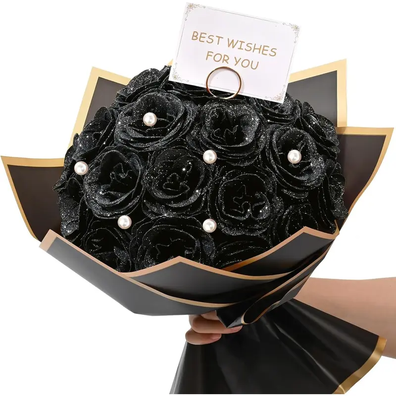Black Glitter Roses Bouquet, DIY   Bouquet, Artificial Rose Bouquet for Valentine's Day, Anniversary, Engagement, Wedding, 24 Roses