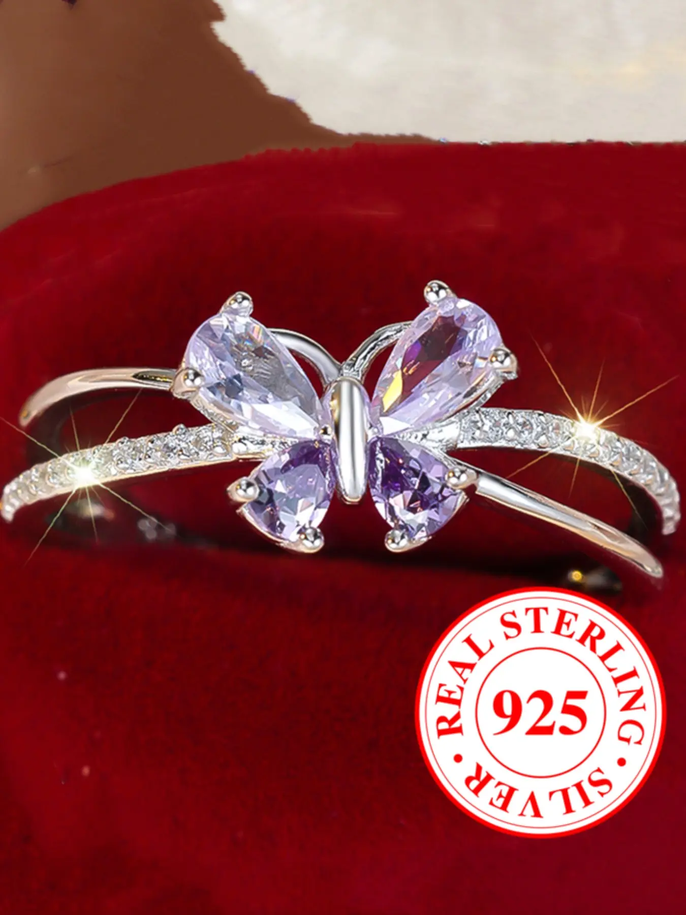 S925 Sterling Silver Ring Butterfly Design Purpul Synthetic Zirconia Inlay engagement ring, stackable promise ring for women & girls, minimalist style, Beautiful Rings, Artificial Zircon Rings, anniversary and Valentine's Day gift（with Box）