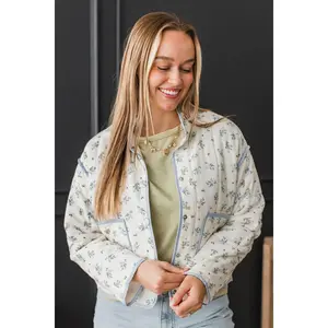 Calling Perfection Quilted Puffer Jacket- Ivory & Blue