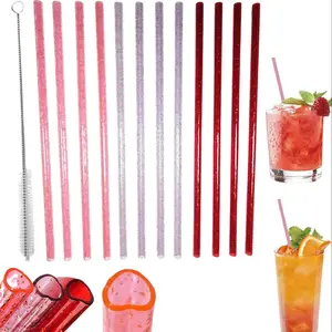 Shimmering Transparent Design Straws, 2/12pcs Reusable Heart Shaped Plastic Straws with 1 Count Cleaning Brush, Drinking Straws for Home Kitchen Party