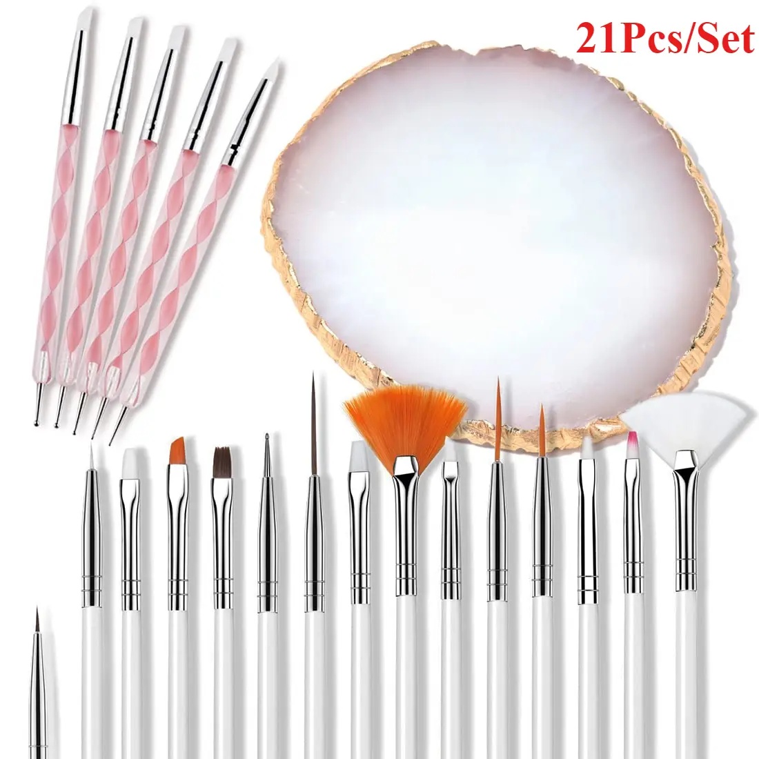 21 Pcs Nail Art Design Tools Set:Including 15 Painting Brushes with 5 Pcs 2-way Dotting Pens and 1 Gold-rimmed Resin Palette,Nail Art Brushes Kits Nail Art Supplies,Valentine's Day Fathersdaygift,DIY Hand Tools Kits
