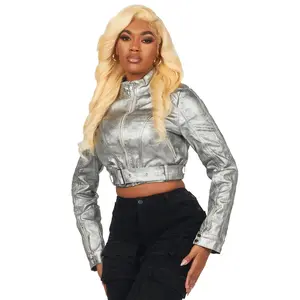 Teeoina Silver Coated Black Faux Leather Moto Jacket