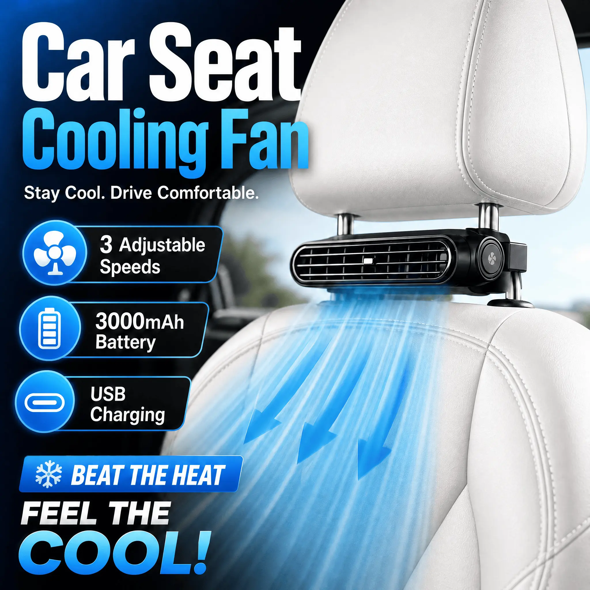 Car Seat Velcro Fan: 3 Adjustable Speeds, Built-In 3000mAh Battery, USB Charging, Suitable For Cars, Golf Carts, And Travel RVs