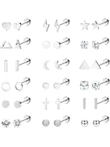 18 Pairs Silvery Cross Moon Star Heart Bar Ball Stud Earrings for Women Men Premium Hypoallergenic Surgical Stainless Steel Gentle Enough for Sensitive Ear Skin All-in-one Cartilage Piercing Collection Assorted Classic Motifs
