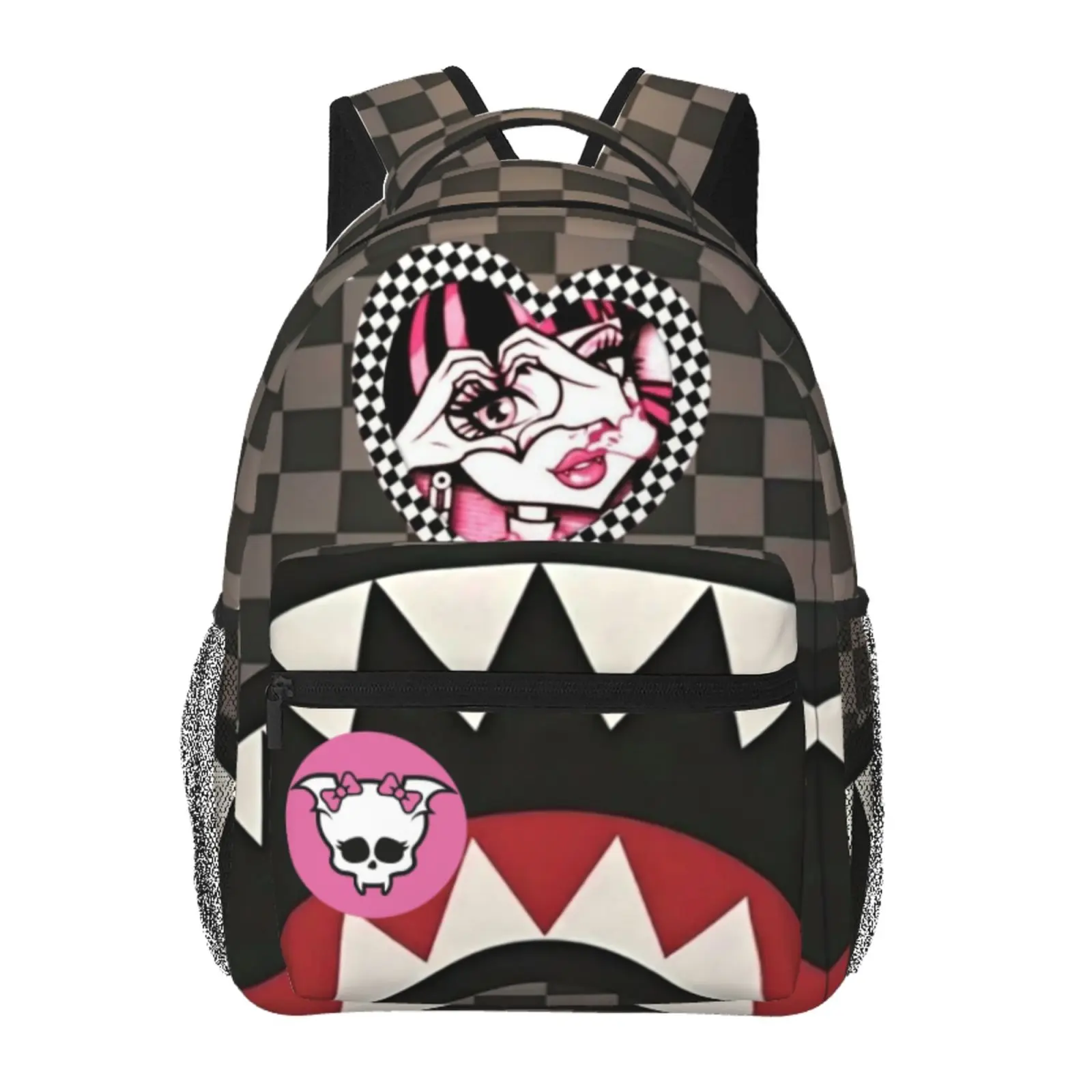 SG Backpack – Monster High Draculaura Name Graffiti Checkered Laptop Bag, School/Commuter Bag, Y2K Cartoon Style, Cute Gift for Teen Girls and Students