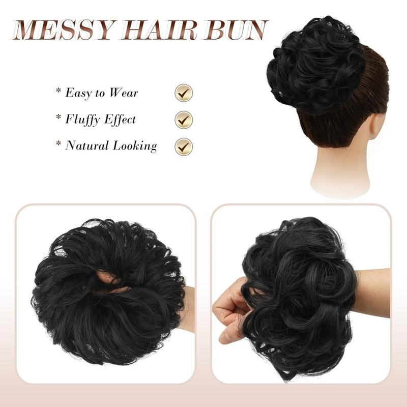 messy bun hair large wavy curly elastic scrunchies ponytail extensions synthetic chignon hairs for women black 1 94oz