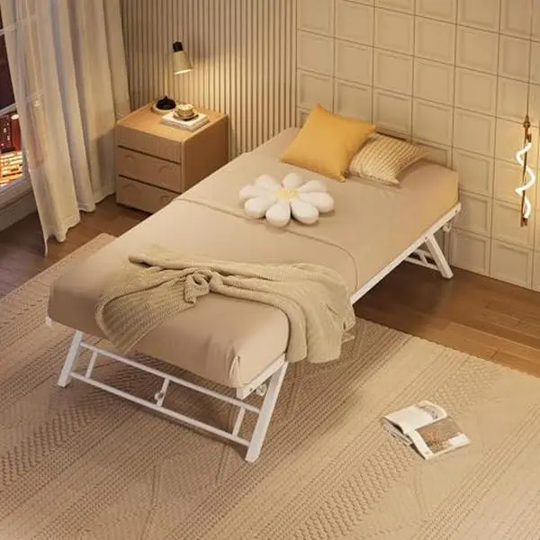 White Twin Sturdy Pull Out Stand-Up Trundle Daybed Bed Frame with Storage Solutions, Locking Casters, Metal Slat Support, 400 lbs Capacity, Assembly Required, 73.6" L x 38.9" W x 12.6" H, Pull Out Bed, Bed Frame Storage Solutions
