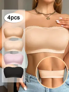 Elegant Strapless Bra for Women Non-Slip Silicone Bandeau Bra Non-Padded Wireless Front Closure Tube Top Bra Weeding Bride 4pcs Pack Basic Minimalist Style