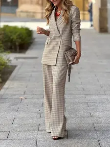 Fashion Two-Piece Set Elegant Commuter Dual-Color Plaid Design Blazer Jacket, Elastic Waist Loose Fit Pants Long Pant Suit, Business Suits
