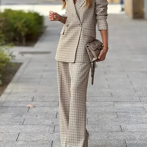 Fashion Two-Piece Set Chic Womenswear Elegant Classic Office Wear Commuter Dual-Color Plaid Design Blazer Jacket, Elastic Waist Loose Fit Pants Long Pant Suit Office Clothes