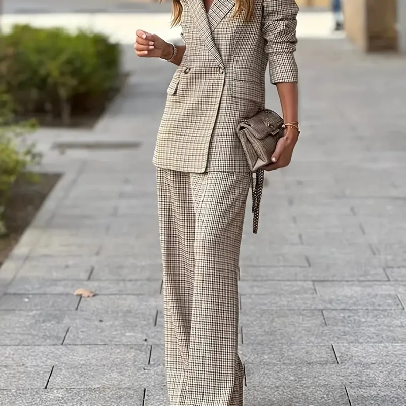Fashion Two-Piece Set Chic Womenswear Elegant Classic Office Wear Commuter Dual-Color Plaid Design Blazer Jacket, Elastic Waist Loose Fit Pants Long Pant Suit Office Clothes