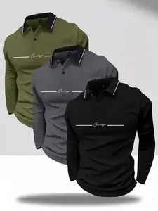 Spring/Autumn Lightweight 3-Pack Long Sleeve Polo Shirt with Collar, Simple Retro White Horse Silhouette Print, Casual Men’s Everyday Outdoor Sports Lightweight Business Outdoor Running Top