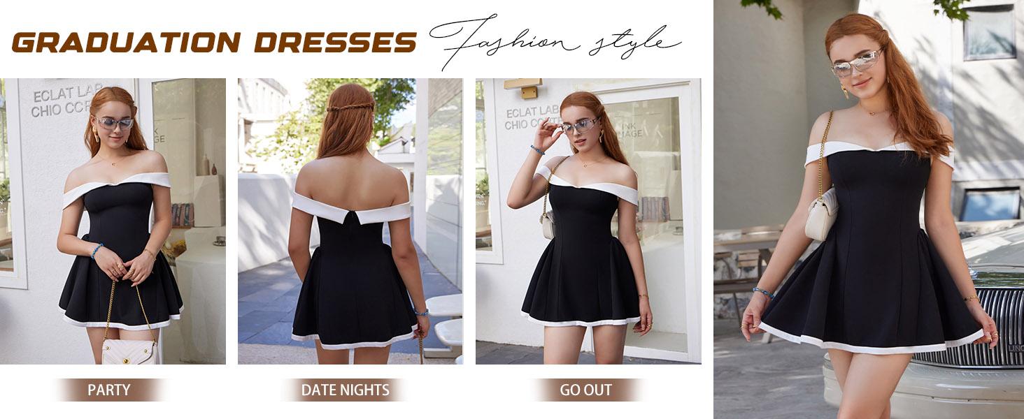 OYV Women's Colorblock Off Shoulder A Line Dress, Party Club Mini Dresses,Ladies Summer Clothes