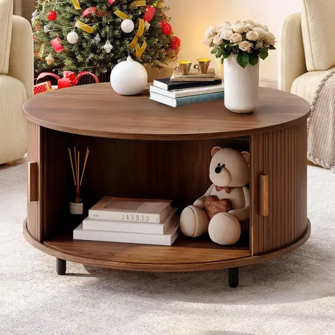 【Black Friday】ONBRILL 31.5" Round Storage Coffee Table - Fluted Wood Modern Space Saving Furniture, Living Room/Bedroom Decor, 360° Curved Sliding Door, Adjustable Footpads, Assembly Required, Mother's Day Gift Option