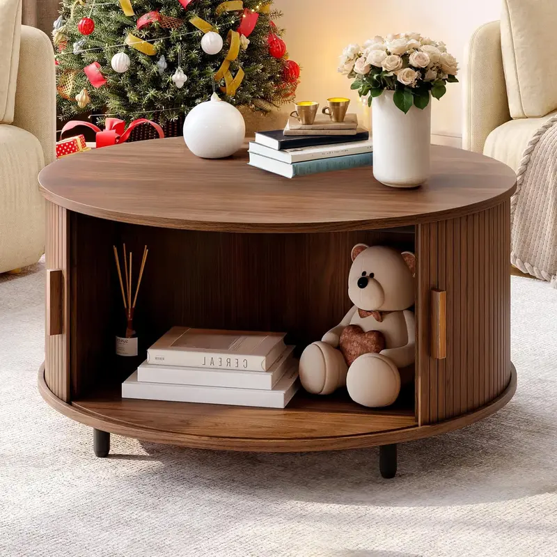 【Black Friday】ONBRILL 31.5" Round Storage Coffee Table - Fluted Wood Modern Space Saving Furniture, Living Room/Bedroom Decor, 360° Curved Sliding Door, Adjustable Footpads, Assembly Required, Mother's Day Gift Option