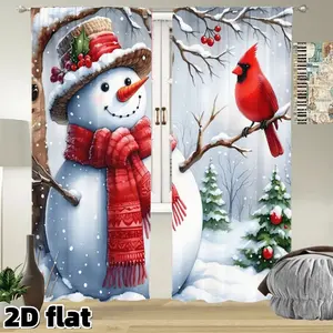 2D Flat 2Pcs Winter Wonderland Snowman Cardinal Bird Print Curtain Panels, Holiday Theme Rod Pocket Design, Semi Sheer Polyester Material, Perfect for Living Room Bedroom Kitchen Window Decor, Christmas Decoration, Privacy Protection