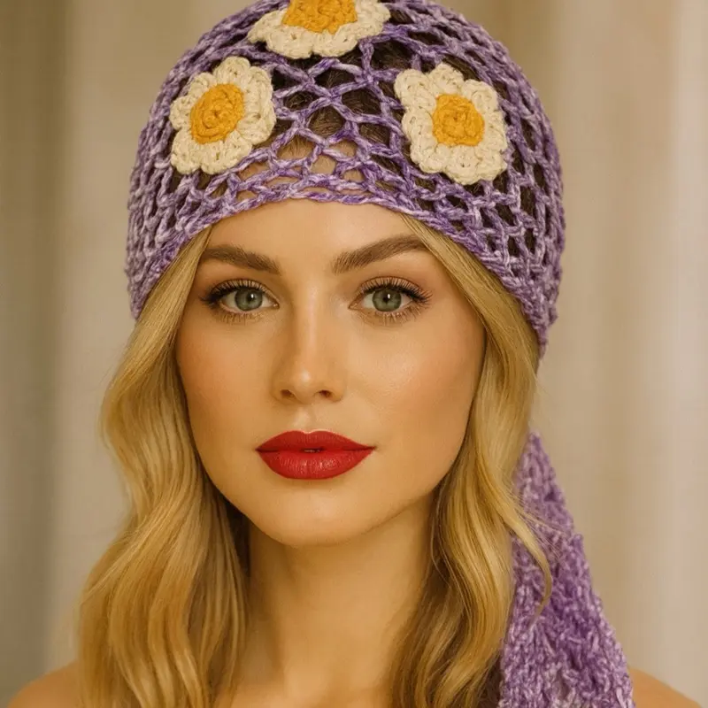 Hand Knits 2 Love Cotton Headwrap Headband Bandana Flowers Beads Lace ombré Purple Designer
