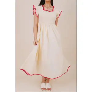 Women's 100% Cotton Casual Lady Dress - Ruffled Countryside Style, With Pockets