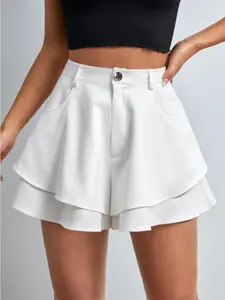 Women's Plain Woven Layered Hem Shorts, Casual Chic Fashion Fitted Shorts for Daily Outdoor Wear, Ladies Bottoms for Summer
