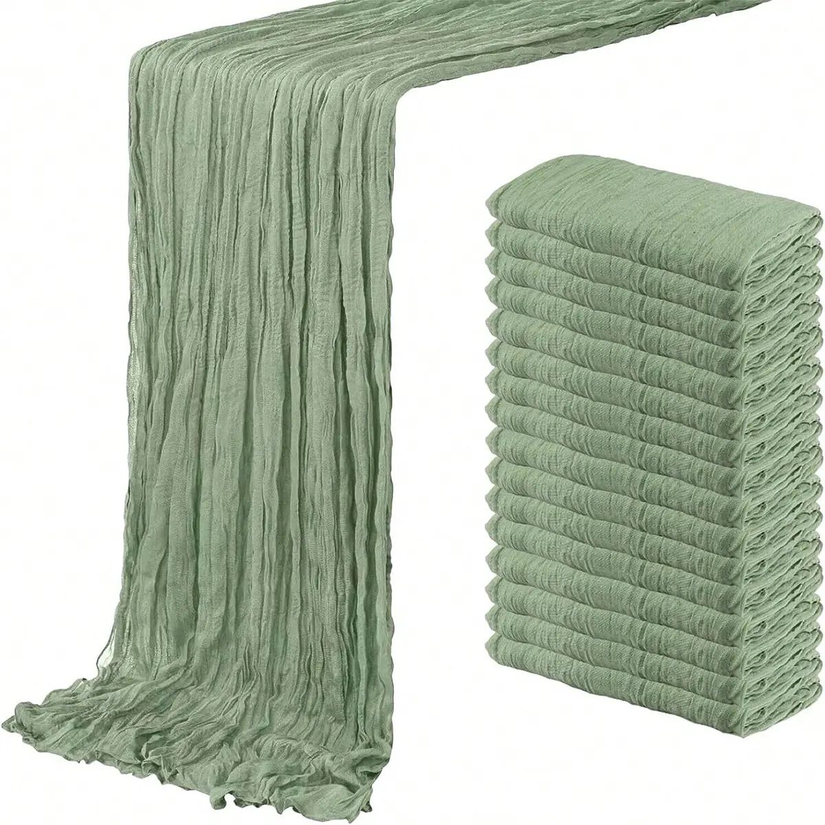 Boho Texture Gauze Weave Pack of 6/10 Sage Green Cheesecloth Table Runner, 35x120 in 10FT, Semi Sheerness Bulk Fabric for Wedding, Home Decor, Party