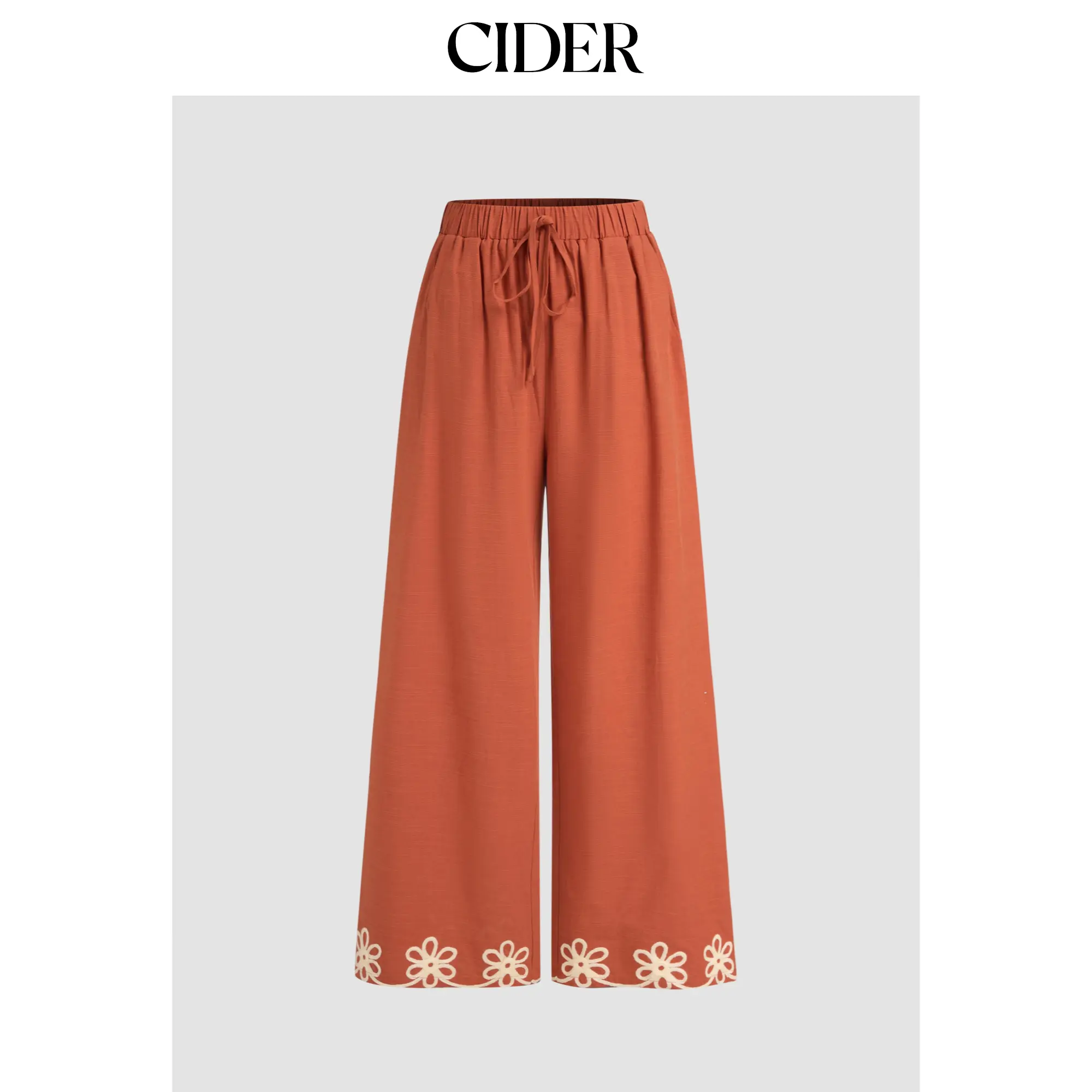 Cider Women's Soft Cotton-Blend Floral Pants - Lightweight Floral Pants with Drawstring Elastic Waist, Botanical Hem Embroidery, Mid-Rise Wide Leg Sweatpants for Summer Workwear & Casual Outfits