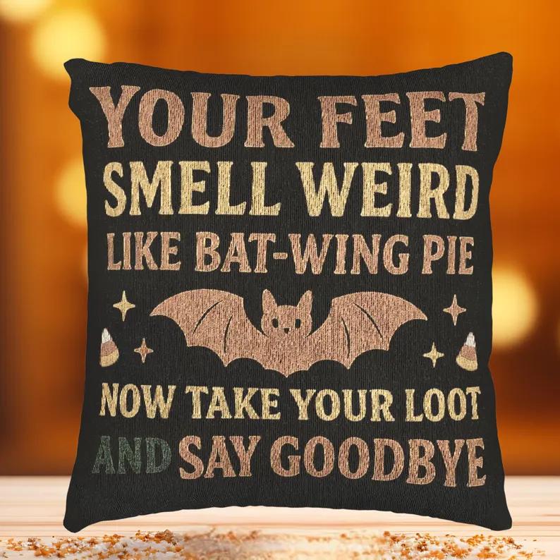 Halloween Fun Velvet Pillow Cover, Humorous Theme Bat Wing Pie Trick or Treat Poem Design, Polyester Double-Sided Washable Pillow Case with Zipper, Home Décor Spooky Gift