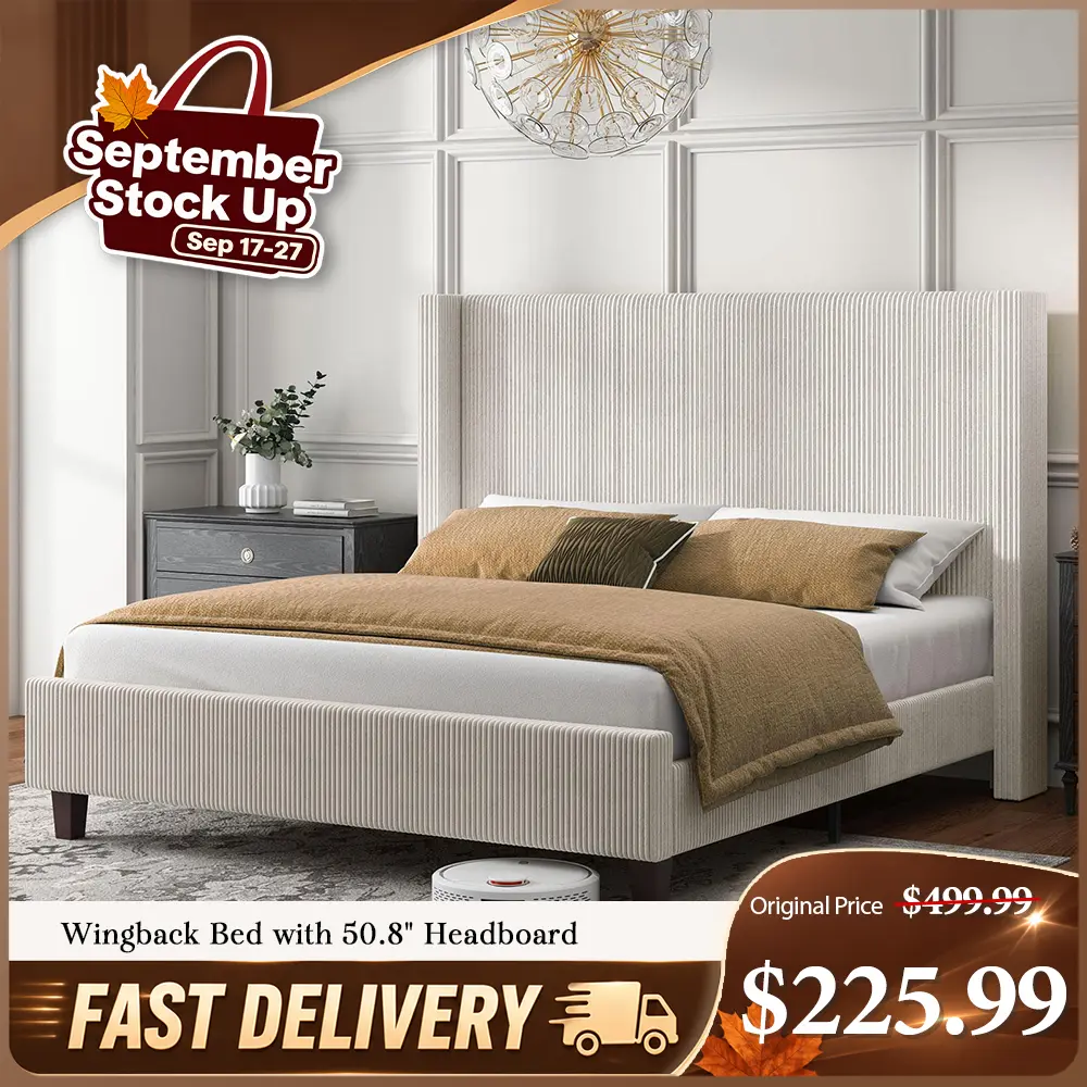 【Bed Frame Only】VanAcc Upholstered Platform Bed Frame, Wingback Bed with 50.8" Headboard, Modern Corduroy Design, Solid Wood Leg/No Box Spring Needed, Unique Bedroom Furniture #tiktokshopstockup