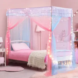 Twin Size Bed Canopy with Lights, Bed Canopy for Girls Princess with Luminous Stars, Canopy Bed Curtains for Twin Bed Kids Indoor Decor Bedroom, 4 Corner Post Bunk Bed for Student Dormitory, Pink
