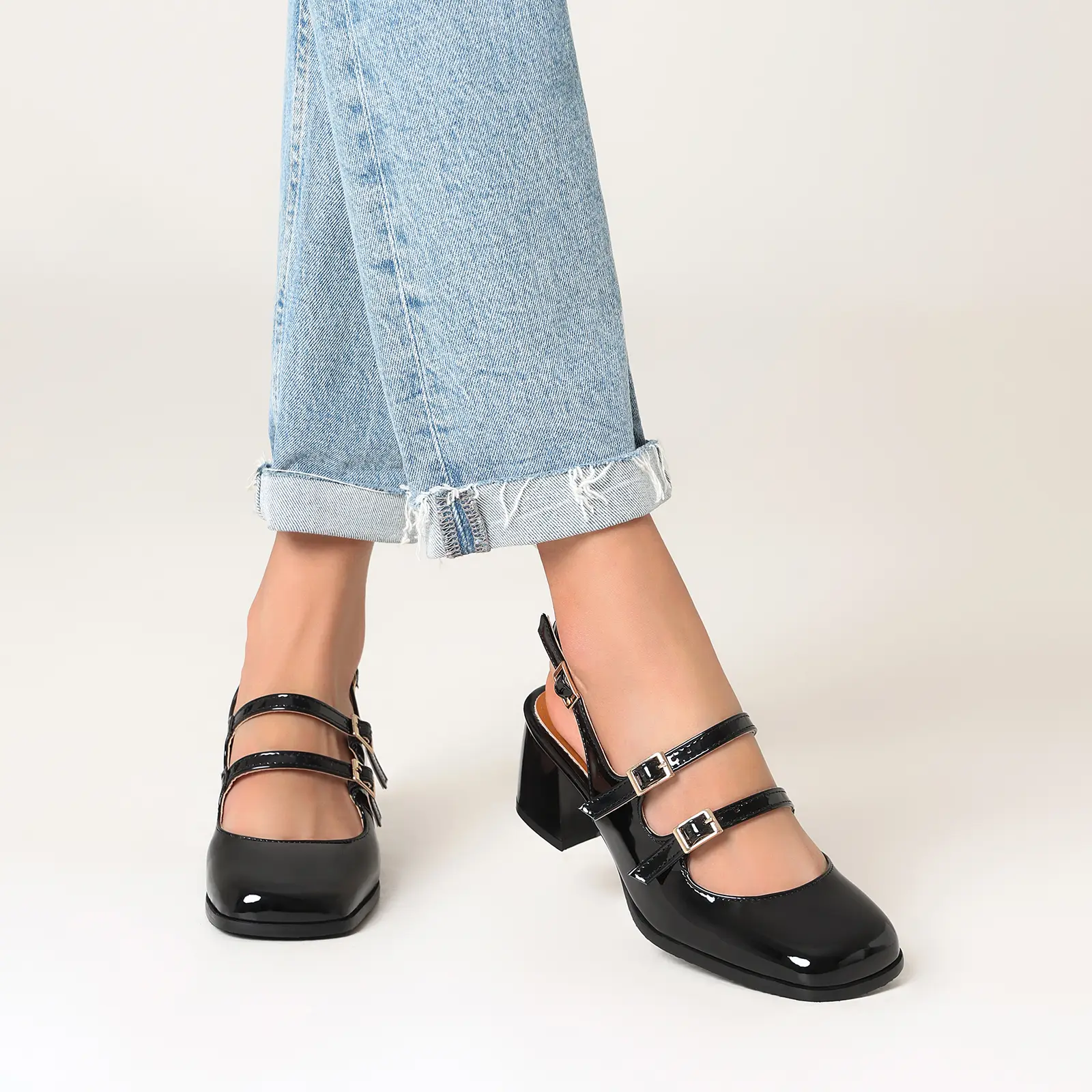 Women's Gothic Chic Platform Mary Janes, Patent Square Toe Pumps with a Chunky Block Heel and 6cm/2.36" Heel, High Heels, Buttons