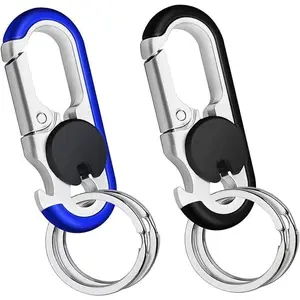 Carabiner Heavy Duty Double Ring KeyChain with Bottle Opener - locking key ring, key fob holder, keychain carabiner, car key chain for backpacks, clip for keys, keychains for car keys