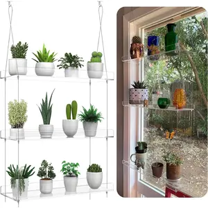 3-Tier Hanging Clear  Shelves for Windows,  Window Wall  Stand Shelf for Kitchen Indoor Gardens, Flower, , Seedling Organization, and Pots Display, 16 Inch per Tier