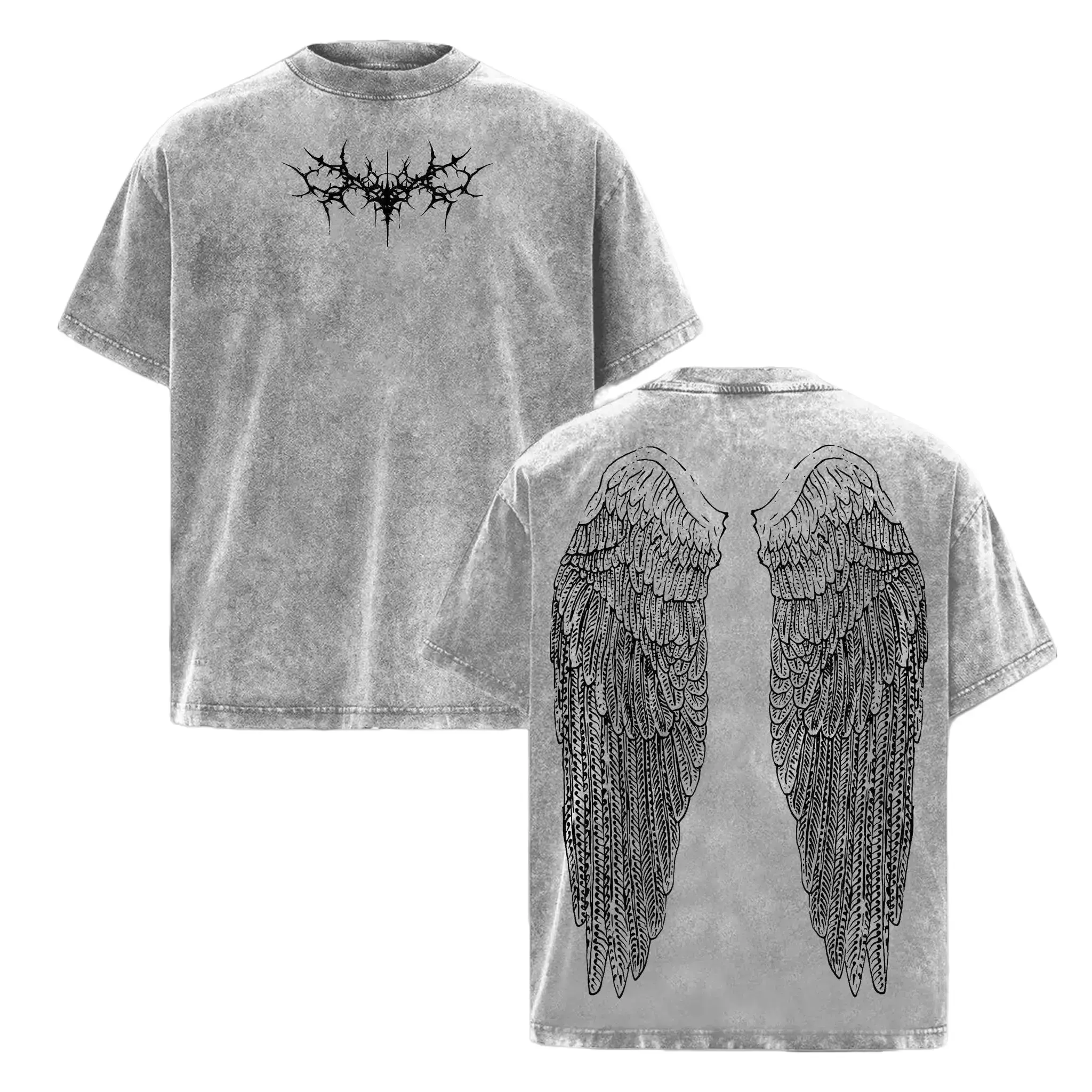 Menswear 100% Cotton Washed Vintage Short-Sleeve T-Shirt - Y2K Gothic Wing Graphic, Oversized Grunge Streetwear, Anime-Inspired Dark Aesthetic Top Menswear Man Tshirt Crewneck Tropical Casual