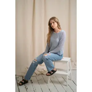 Linen sweater in blue, knitted linen lady jumper, light handmade blouse, sustainable blend sweatshirt, raglan long sleeve shirt for woman