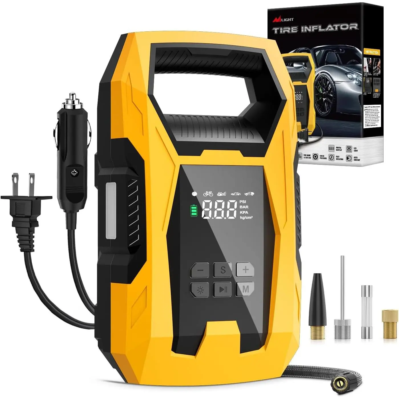Nilight Handheld Automatic Tire Inflation Pump, Dual Power 110VAC-12VDC 150 PSI Heavy-Duty Air Pump with LED Light, Pressure Gauge, Auto Shut-Off for Cars, Motorcycles, Automatic Tire Inflator