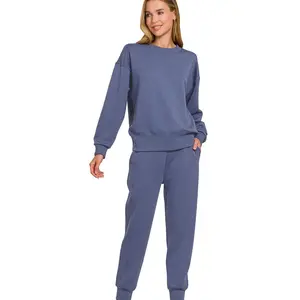 Zenana Scuba Crewneck Pullover & Joggers 2 Pieces Set