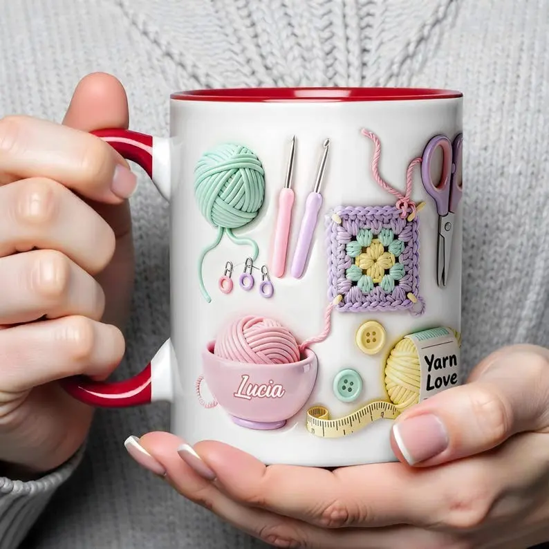 Personalized Yarn Lover Mug, Crochet Accent Coffee Mug, Custom Name Knitting Mug, Gift For Crafters, Crochet Lover Gift
