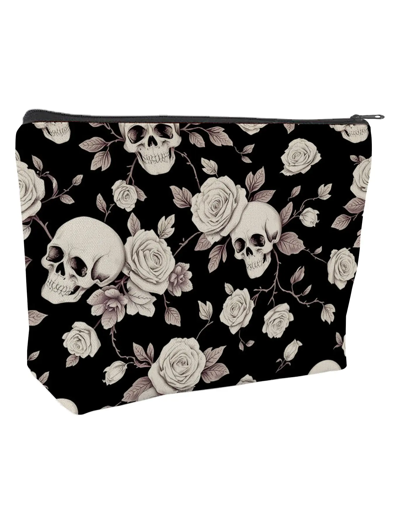 Gothic Floral Zip Pouch, Spooky Skull Flower Clutch for Witchy Souls, Makeup Tote Bag or Pencil Case for All Seasons, Makeup Storage Bag, Cosmetic Pouch, Cosmetic Bags