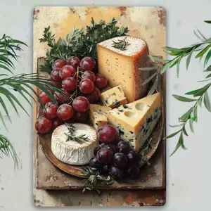 2D Flat 1pc Retro Metal Sign Featuring Cheese And Grapes – a Charming Wall Decoration Measuring 12X8 Inches, Ideal for Enhancing The Ambiance of Your Home, Bar, Café, Garden, Or Farmhouse, Suitable for Both Indoor And Outdoor Settings