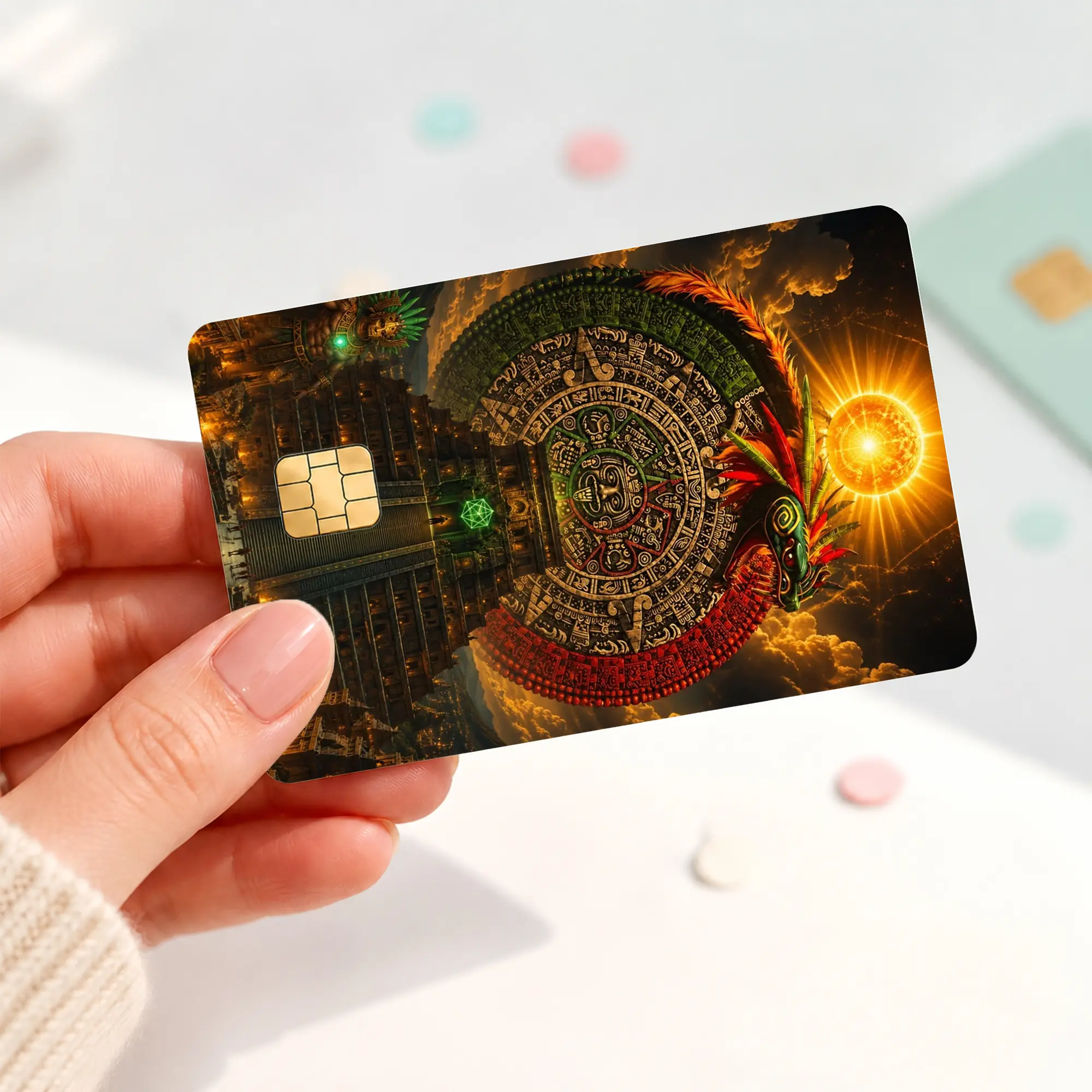 Aztec Sun Calendar Credit Card Skin, Quetzalcoatl Feathered Serpent Debit Card Sticker, Ancient Mesoamerican Temple Bank Card Cover, Mexican Heritage Chip Card Decal, Aztec Mythology Gift