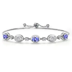 925 Sterling Silver Blue Tanzanite and and Lab Grown Diamond Bracelet For Women | 4.05 Cttw | Gemstone December Birthstone | Oval 7X5MM | Fully Adjustable 9 Inch