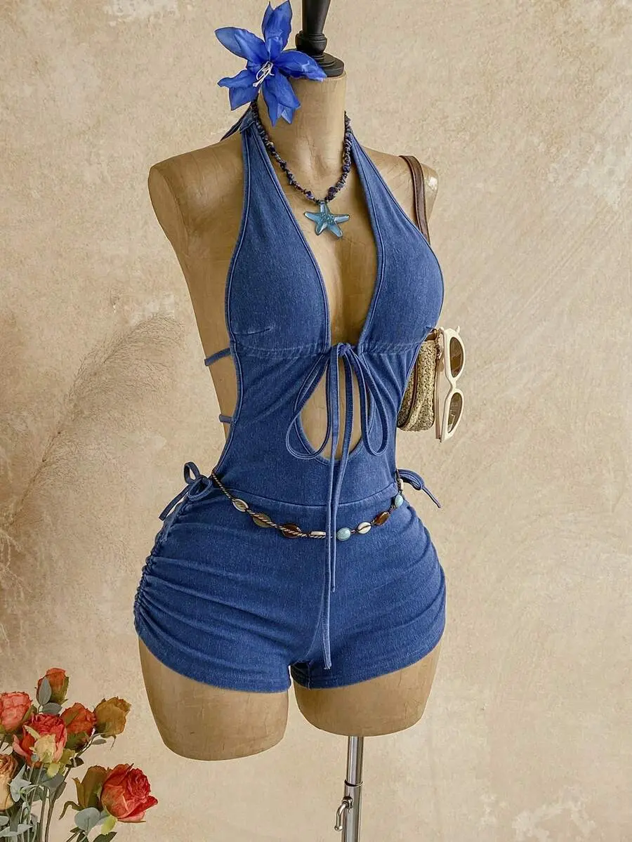 CROSSCAL Women's Backless Halter Denim Romper