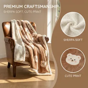 Fleece Blanket, Cute Bear Print Reversible Plush Throw, Brown & Cream For Home Couch Bed