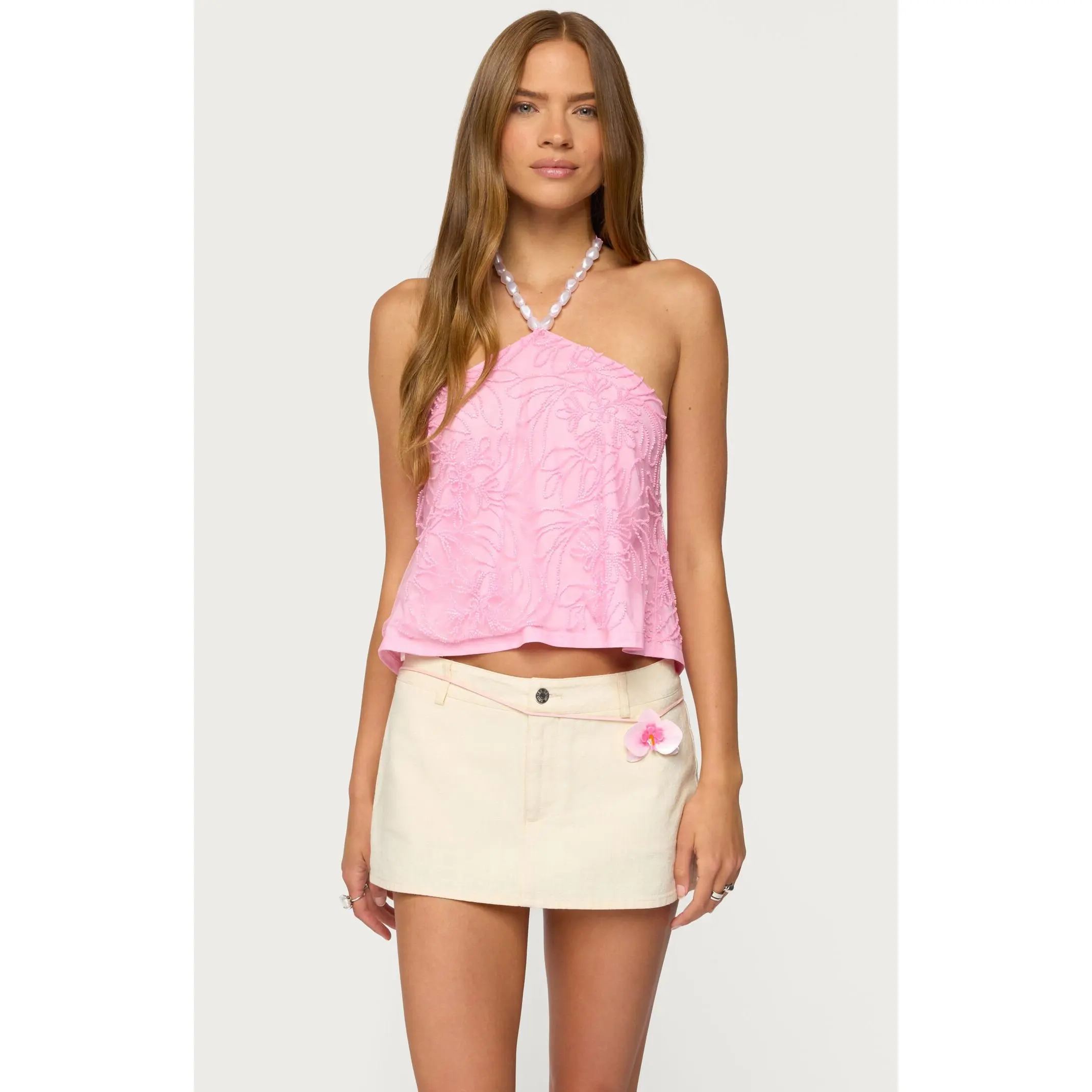 Edikted Women's Ayva Embroidered Floral Bead Halter Top