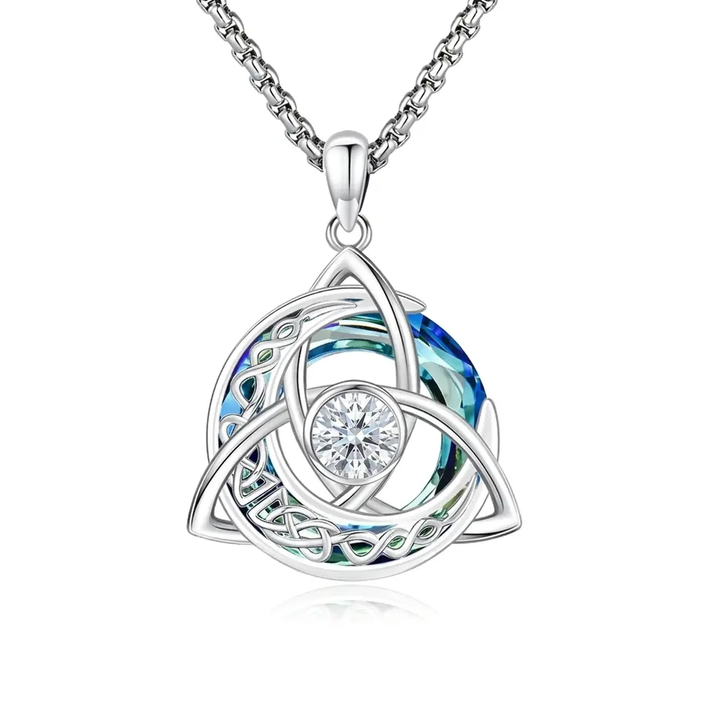 DRINSPER Celtic Birthstone Necklace for Women, Trinity Knot Triquetra Crescent Moon Pendant with Cubic Zirconia, Austrian Crystal Stones, 12 Birth Month Jewelry, Adjustable 22-24in Chain, Multicolored Birthday Anniversary Irish Scottish Gift