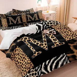 Vintage Western Animal Print Monogram M Duvet Cover Set, 1 Duvet Cover + 1/2 Pillowcases, No Insert, Retro Leopard & Zebra Patchwork Bedding, Rustic All-Season Decor for Cabin & Farmhouse Bedrooms
